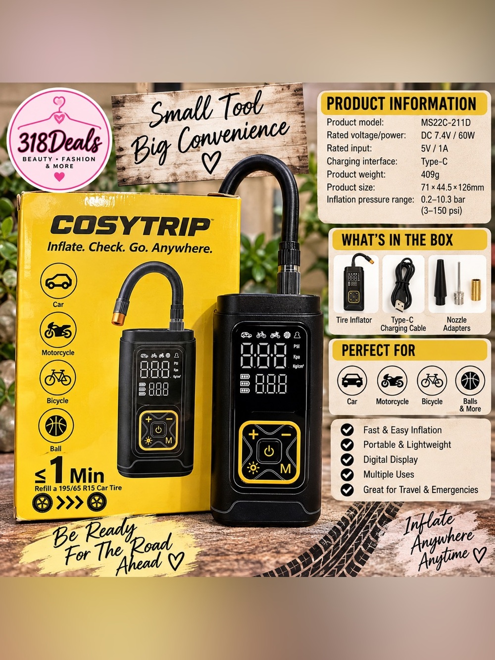 COSYTRIP Portable Tire Inflator Pump - Black